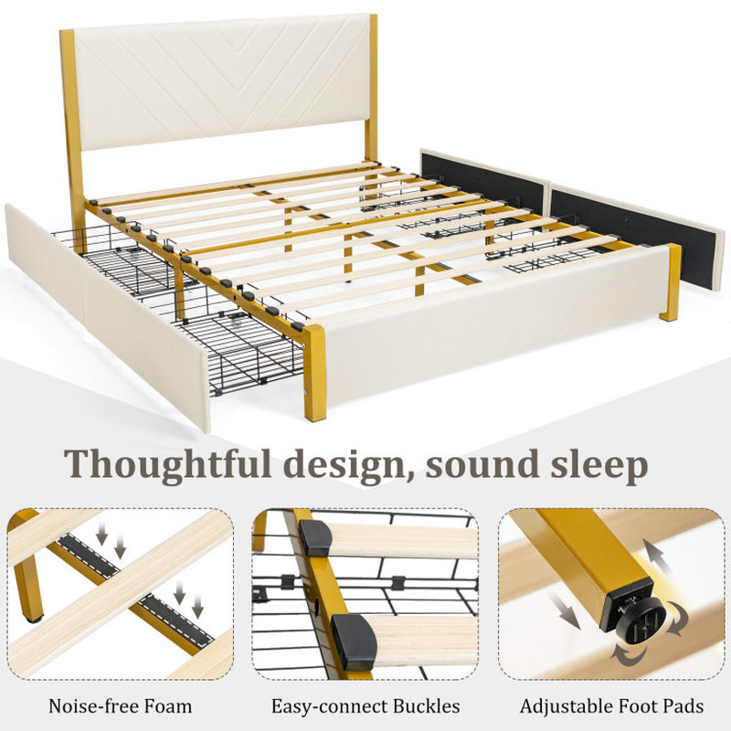 Full Size/Queen Size Upholstered Bed Frame with Adjustable Headboard and 4 Drawers