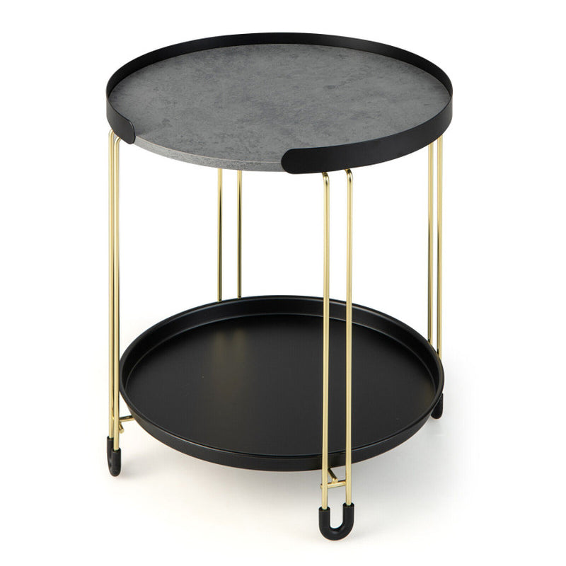 2-Tier round Side Table with Removable Tray and Metal Frame for Small Space