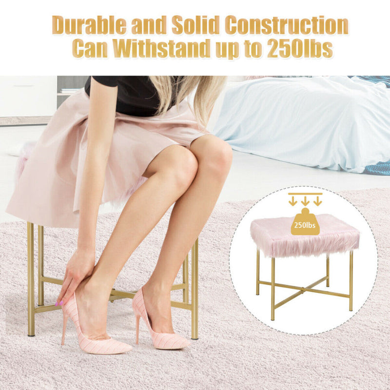 Luxurious Faux Fur Covered Footrest Stool with Gold Metal Base