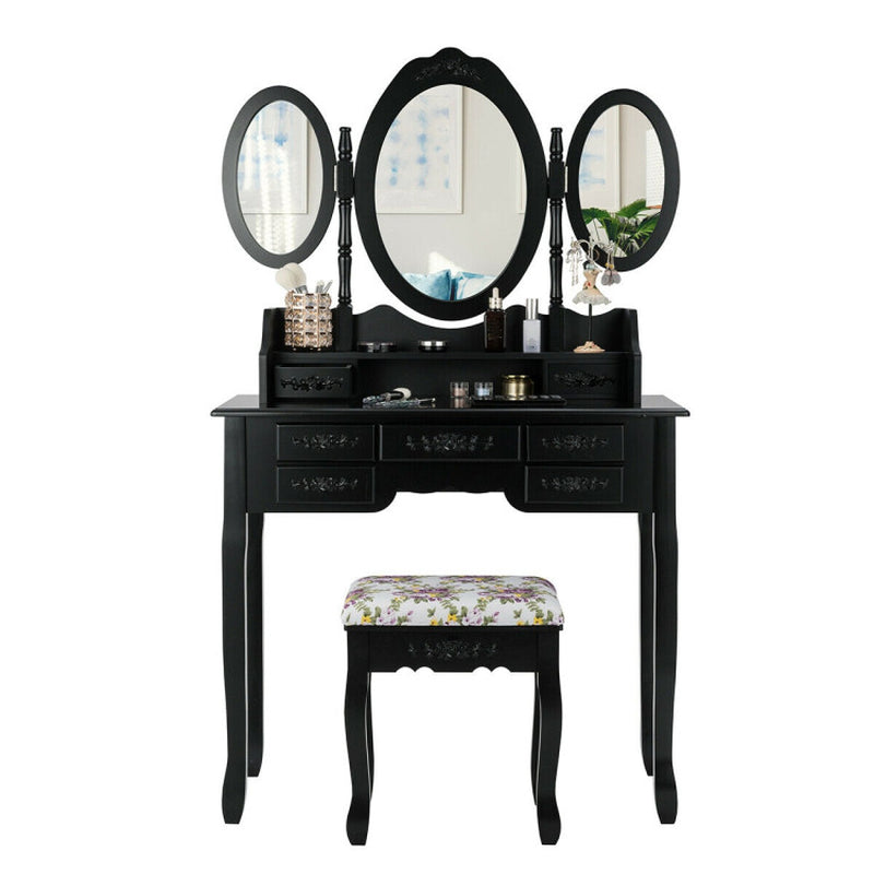 Vanity Set with Tri-Folding Mirror and Cushioned Stool