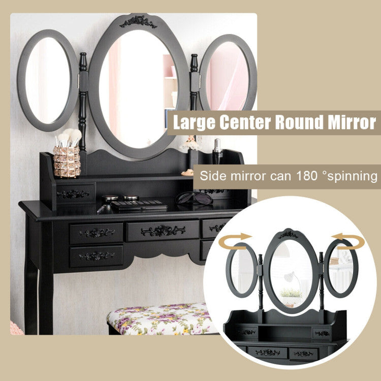 Vanity Set with Tri-Folding Mirror and Cushioned Stool