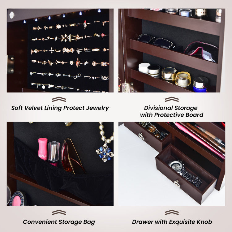 Wall Mounted Full Screen Mirror Jewelry Cabinet Armoire with 6 Leds