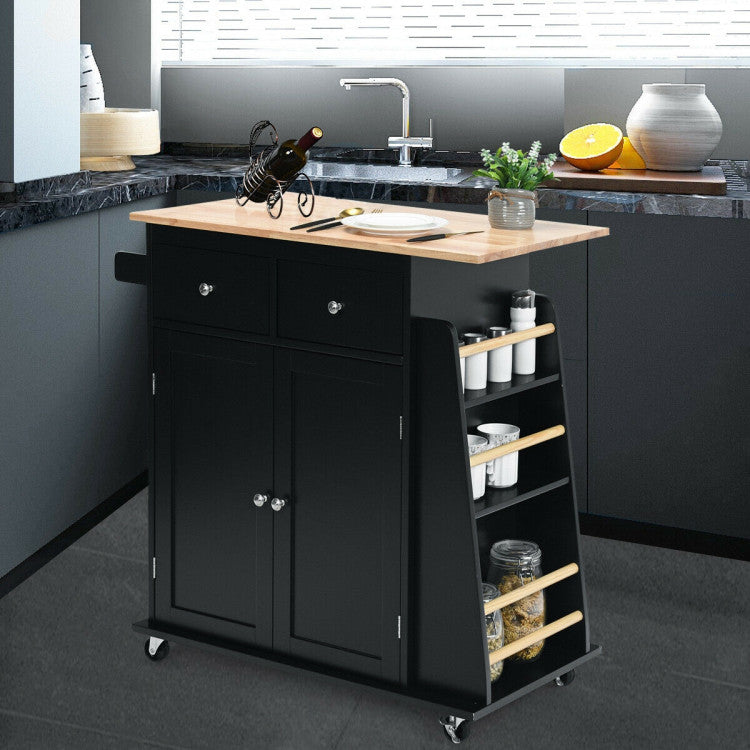 Rubber Wood Countertop Rolling Kitchen Island Cart