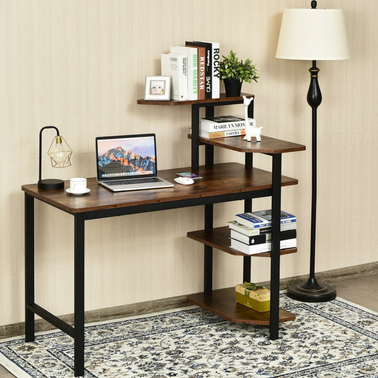 48 Inch Industrial Wooden Computer Desk with 4-Tier Storage Shelves