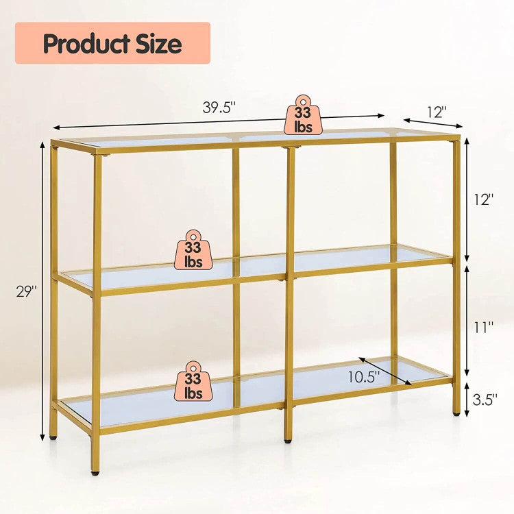 3-Tier 12D X 29W Inch Console Table with Tempered Glass Shelf