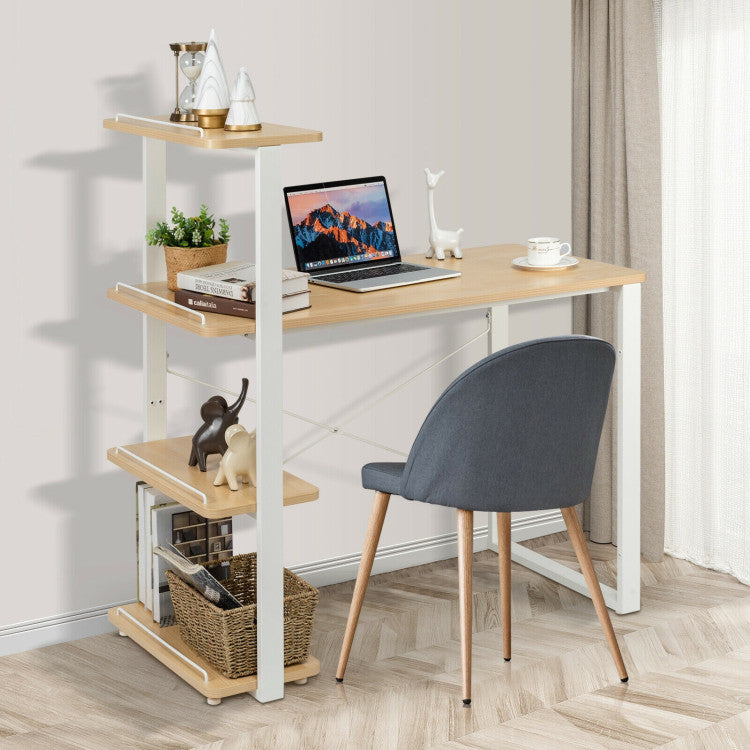 Reversible Computer Desk with 4 Tier Bookshelves and Spacious Desktop