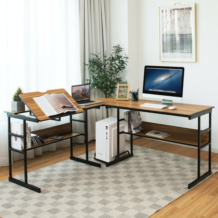 L-Shaped Computer Desk with Tiltable Tabletop