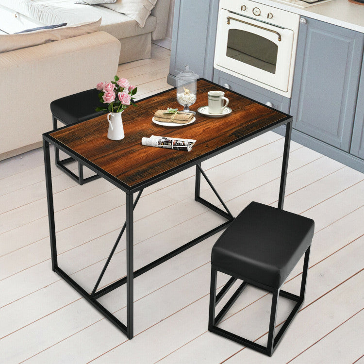 3 Pieces Dining Set Metal Frame Kitchen Table and 2 Stools