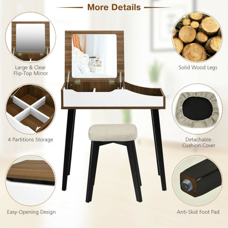 Vanity Table Set with Flip Top Mirror and Padded Stool