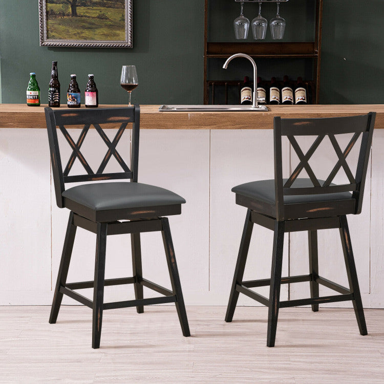 2 Pieces 24 Inch Swivel Counter Height Barstool Set with Rubber Wood Legs