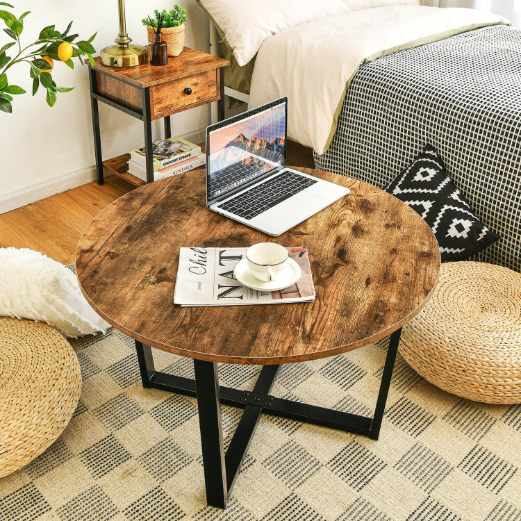 Round Industrial Style Cocktail Side Coffee Table with Metal Frame