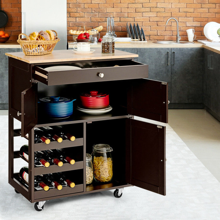 Kitchen Cart with Rubber Wood Top 3 Tier Wine Racks 2 Cabinets