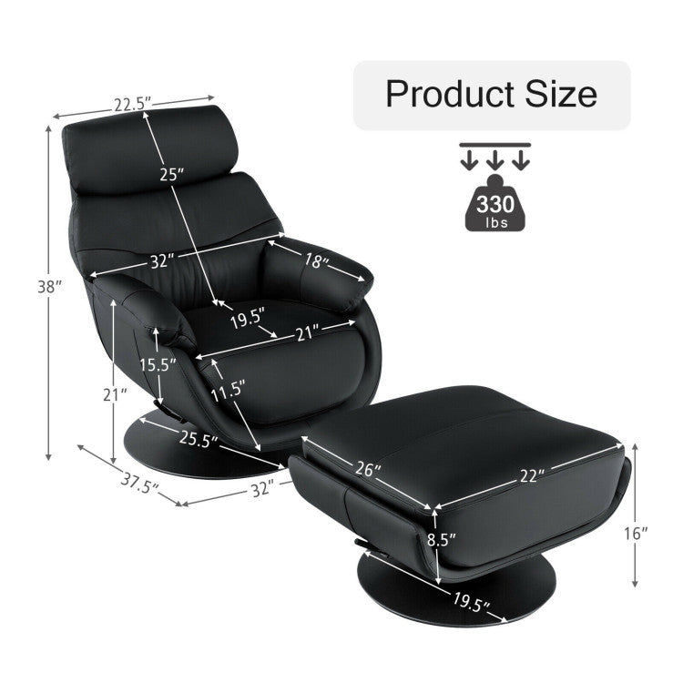 360° Swivel Leather Lounge Chair with Ottoman and Thick Footstool