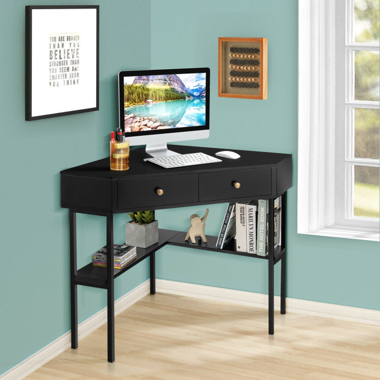 Space Saving Corner Computer Desk with 2 Large Drawers