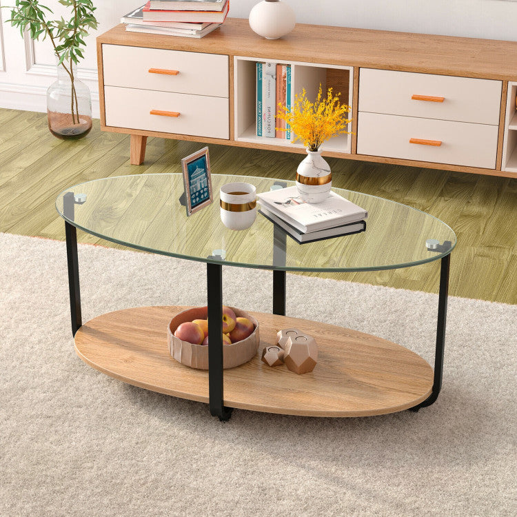 2-Tier Glass-Top Oval Coffee Table with Wooden Shelf for Living Room