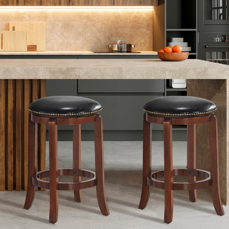 360 Degree Swivel Wooden Backless Bar Stool with Foot Rest and Cushioned Seat