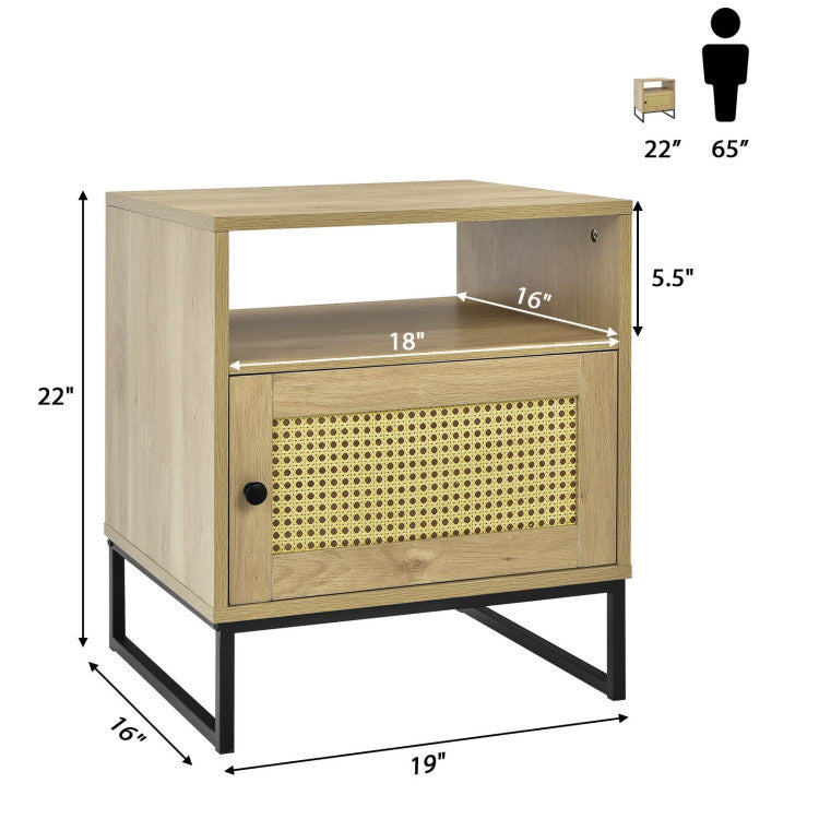 Wooden Side End Table with Cabinet and Rattan Decorated Door