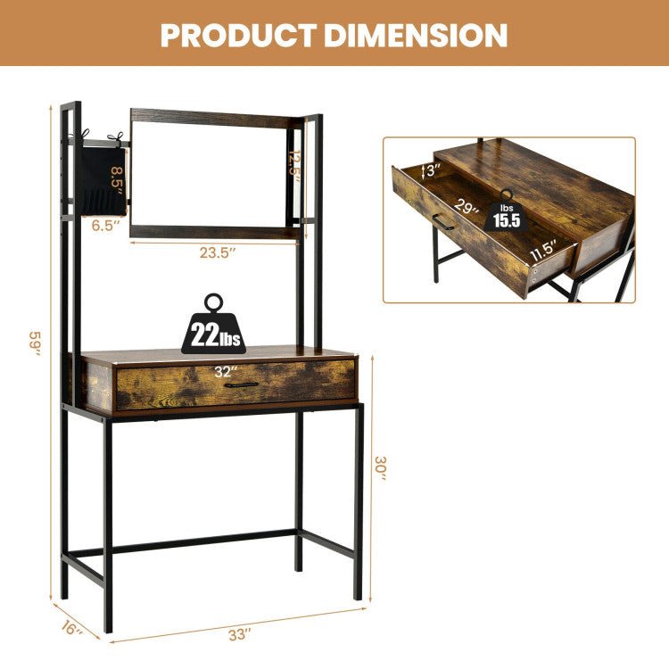 Industrial Vanity Table with 3-Position Adjustable Mirror