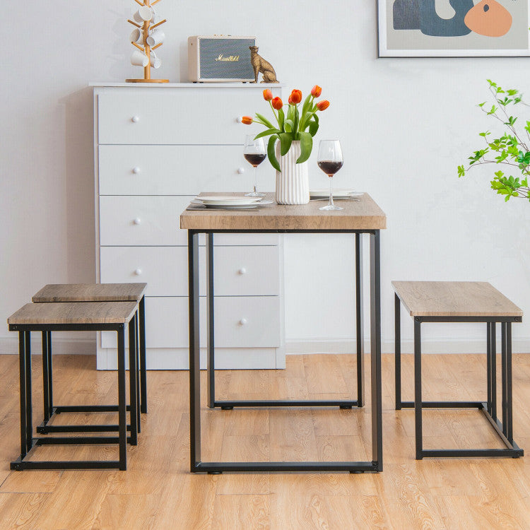 4 Pieces Industrial Dinette Set with Bench and 2 Stools