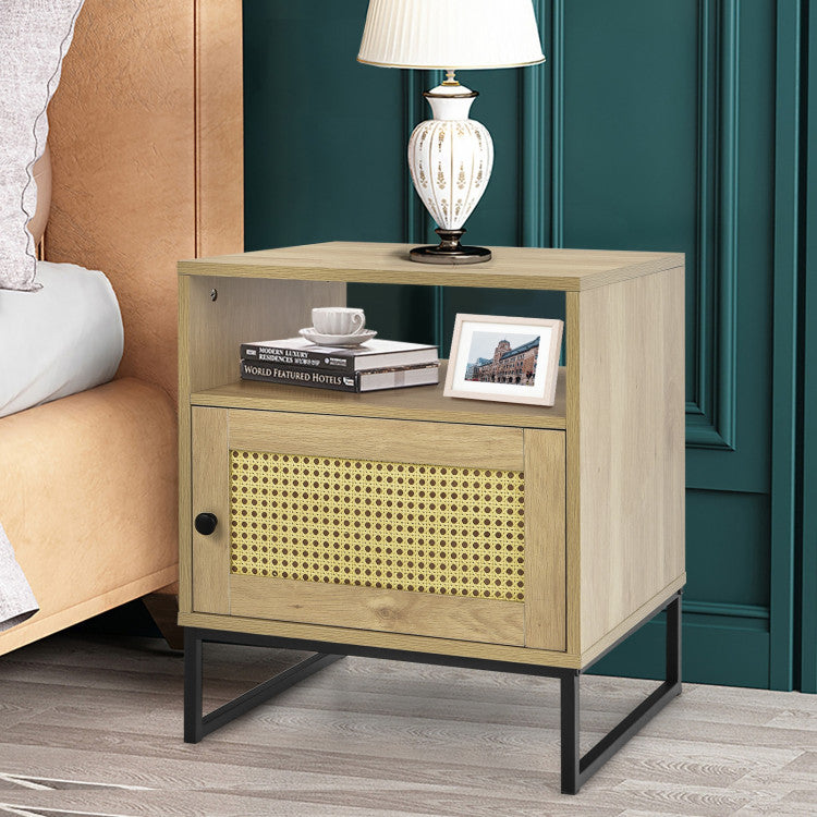 Wooden Side End Table with Cabinet and Rattan Decorated Door