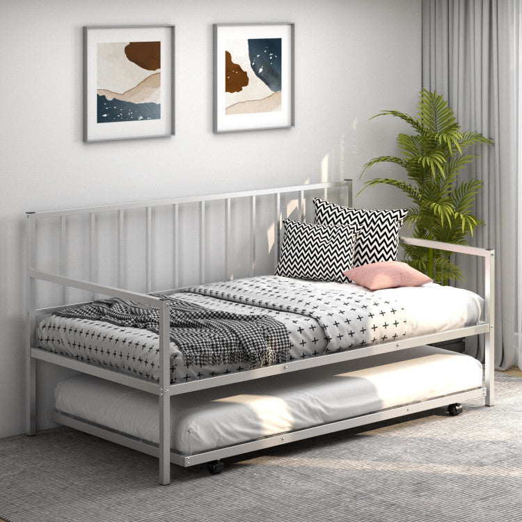 Twin Daybed Set with Metal Slat Support and Roll-Out Trundle