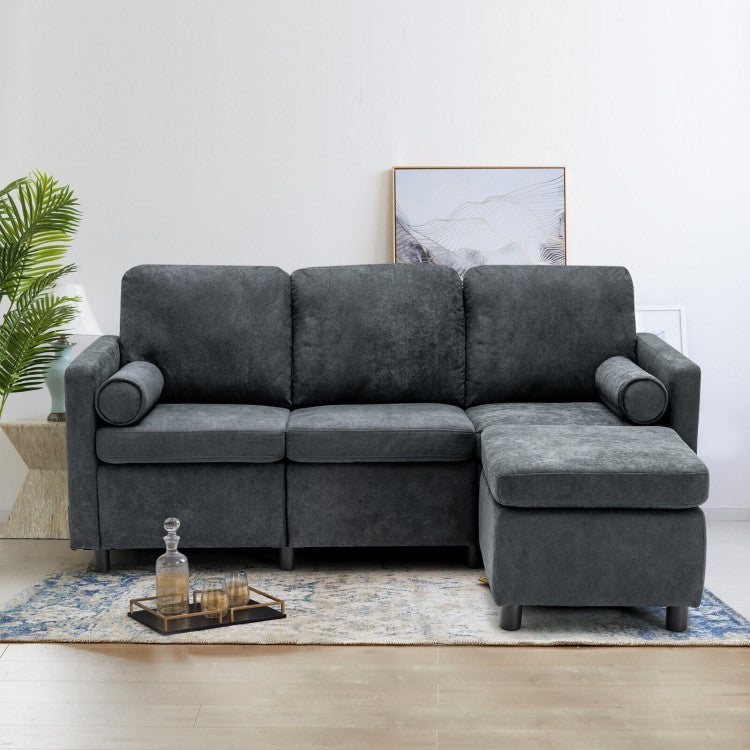 3 Seats L-Shaped Movable Convertible Sectional Sofa with Ottoman