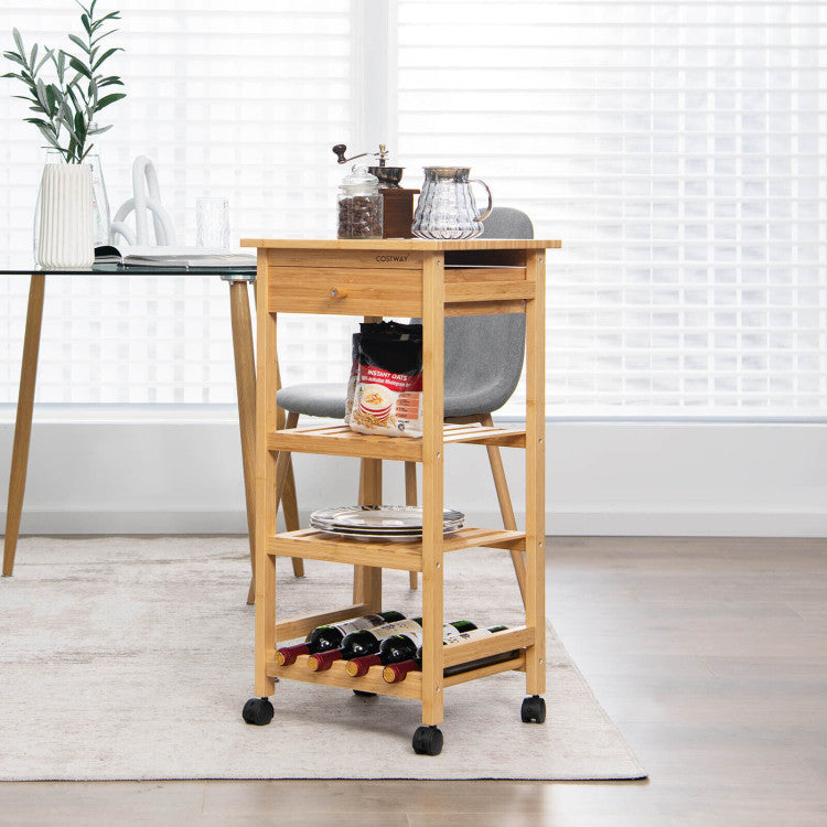 Bamboo Rolling Small Storage Cart with Drawer and Shelves