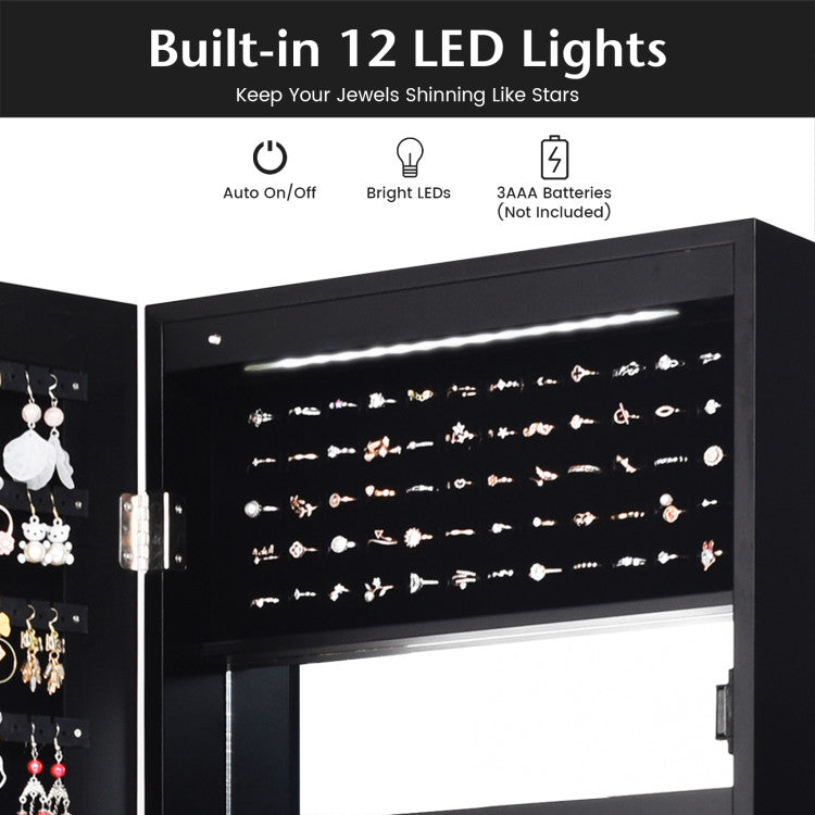 Lockable Wall Door Mounted Mirror Jewelry Cabinet with LED Lights