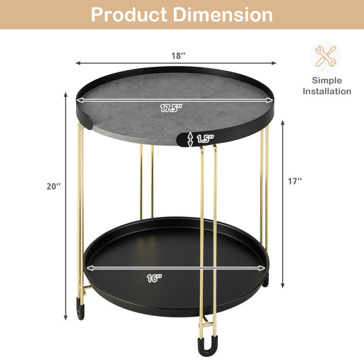 2-Tier round Side Table with Removable Tray and Metal Frame for Small Space