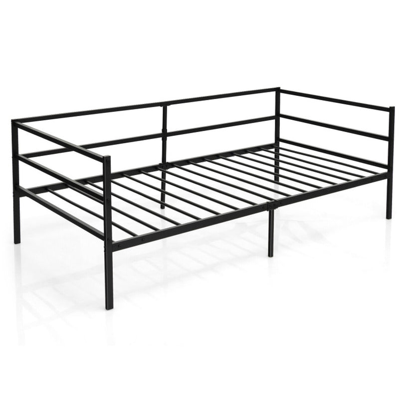 Twin Size Metal Daybed Frame with Metal Slat Support and 3-Sided Guardrails