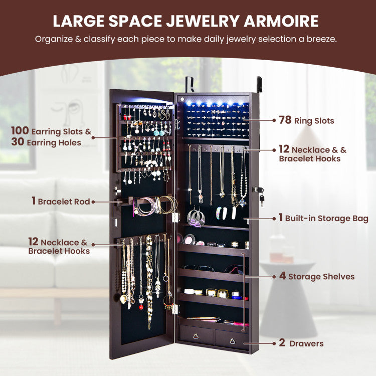 Wall Mounted Full Screen Mirror Jewelry Cabinet Armoire with 6 Leds