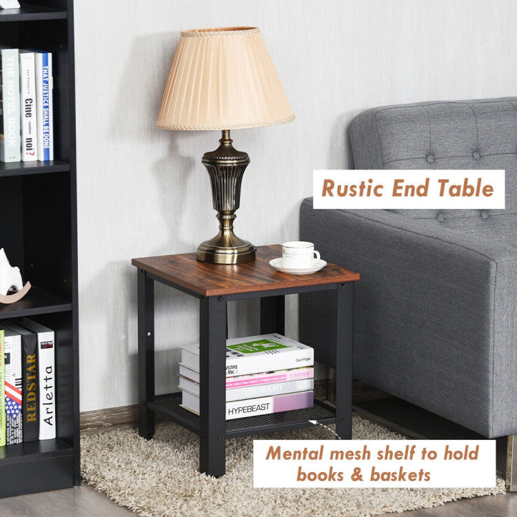 2-Tier Industrial End Table with Storage Shelf for Small Space