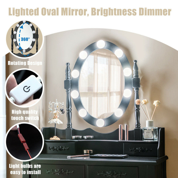 Makeup Dressing Table with Touch Switch Lighted Mirror and Cushioned Stool