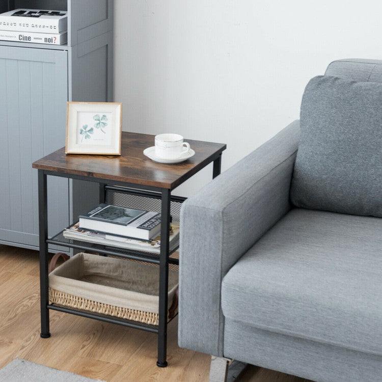 3-Tier Industrial End Table with Mesh Shelves and Adjustable Shelves