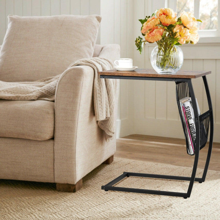 C-Shaped Vintage End Table with Side Pocket and Metal Frame