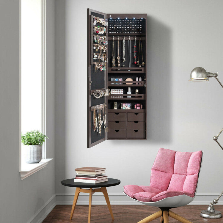 Lockable Wall Mounted Mirror Jewelry Armoire with 5 Leds and 6 Drawers