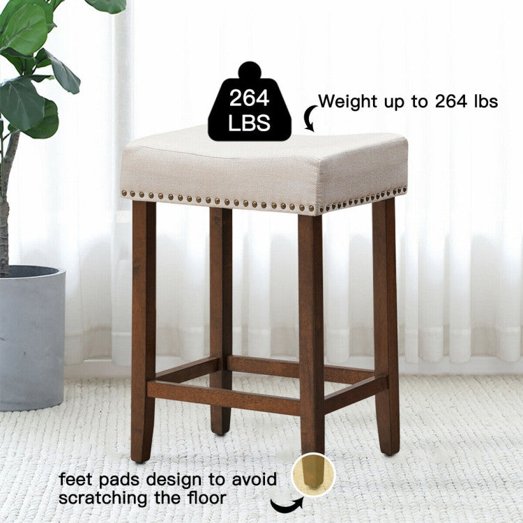 24 Inch 2 Pieces Nailhead Saddle Bar Stools with Fabric Seat and Wood Legs