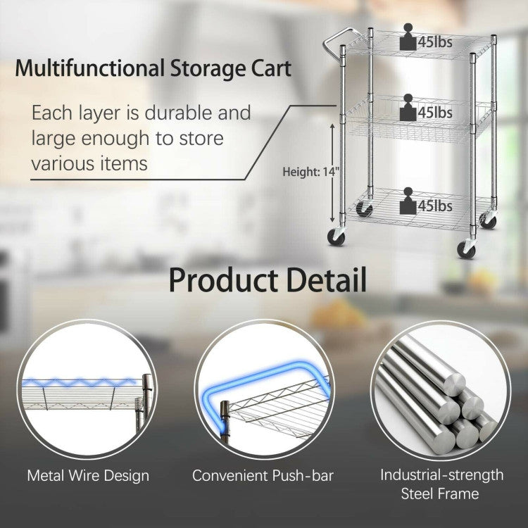 3-Tier Rolling Utility Cart with Handle Bar and Adjustable Shelves