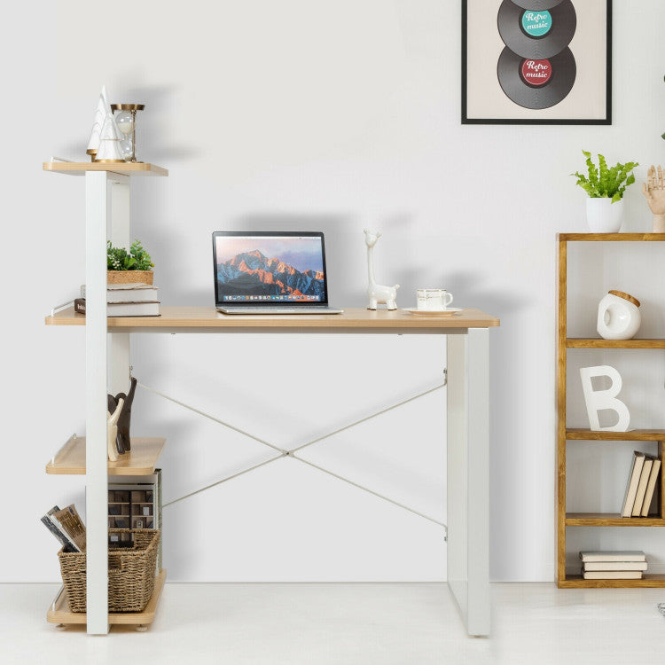 Reversible Computer Desk with 4 Tier Bookshelves and Spacious Desktop