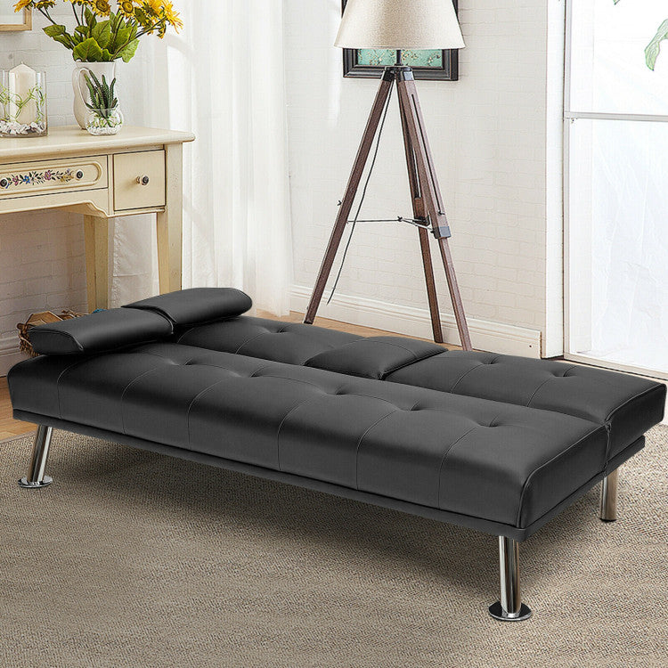 Convertible Folding Leather Futon Sofa with Cup Holders and Armrests