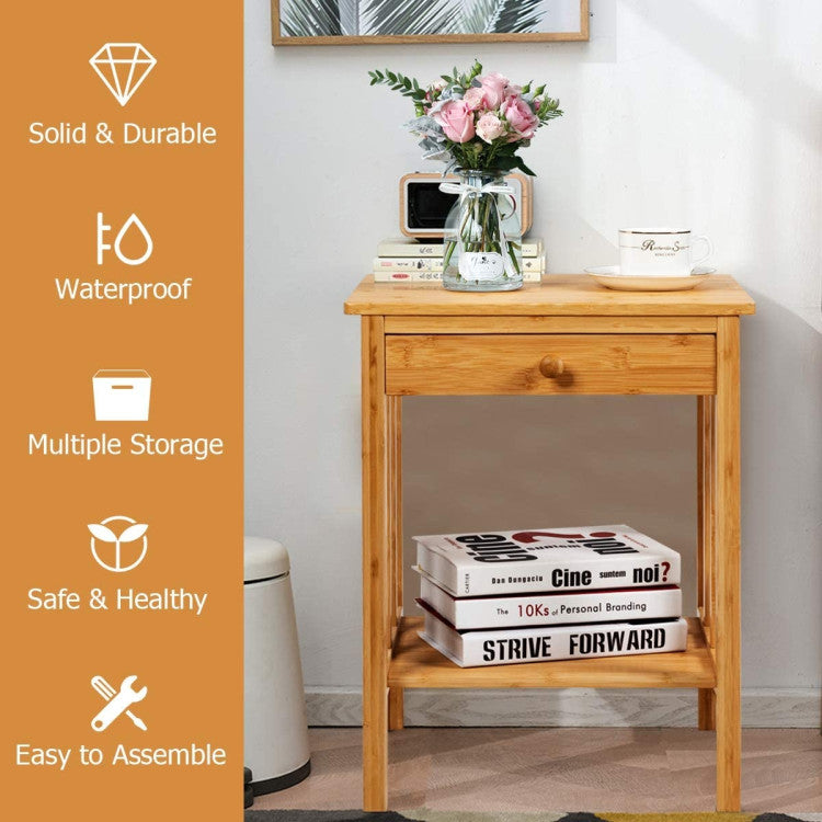 Multipurpose Bamboo End Table Nightstand with Drawer and Storage Shelf