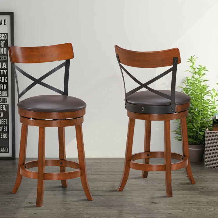 Set of 2 Bar Stools 360-Degree Swivel Dining Bar Chairs with Rubber Wood Legs