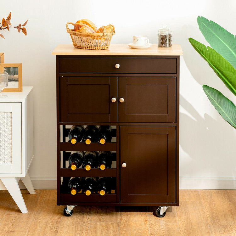 Kitchen Cart with Rubber Wood Top 3 Tier Wine Racks 2 Cabinets