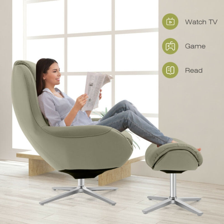 360° Swivel Leather Lounge Chair with Ottoman and Aluminum Alloy Base