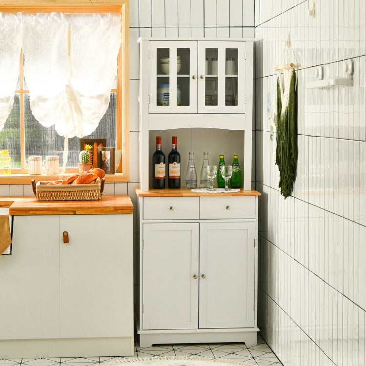 Kitchen Pantry Cabinet with Wood Top and Hutch