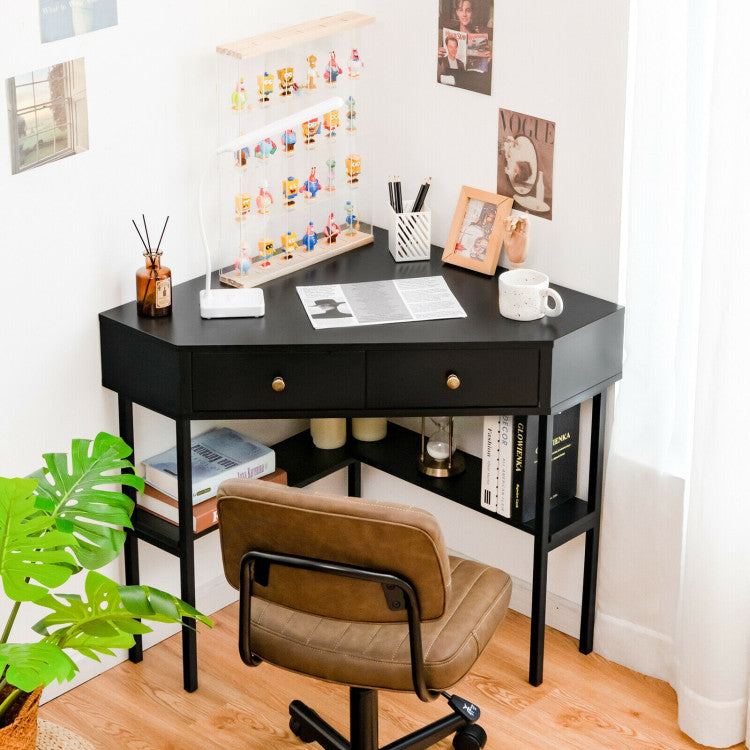 Space Saving Corner Computer Desk with 2 Large Drawers