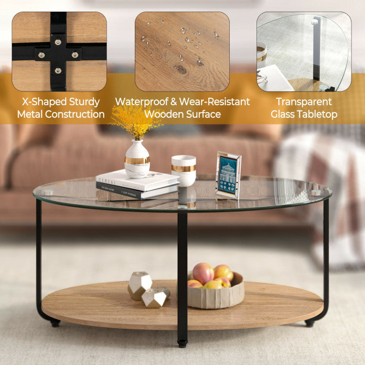 2-Tier Glass-Top Oval Coffee Table with Wooden Shelf for Living Room