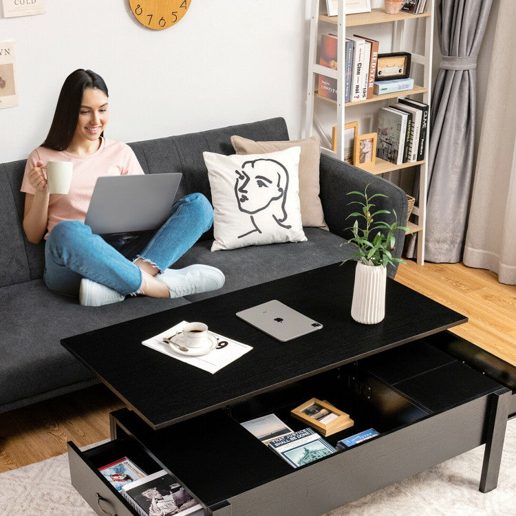 47 Inch Lift Top Coffee Table with Hidden Compartment and 2 Side Drawers