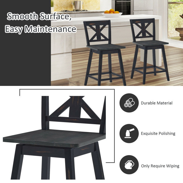 Set of 2 Swivel Counter Height Bar Stools with Solid Wood Legs for Home Pub