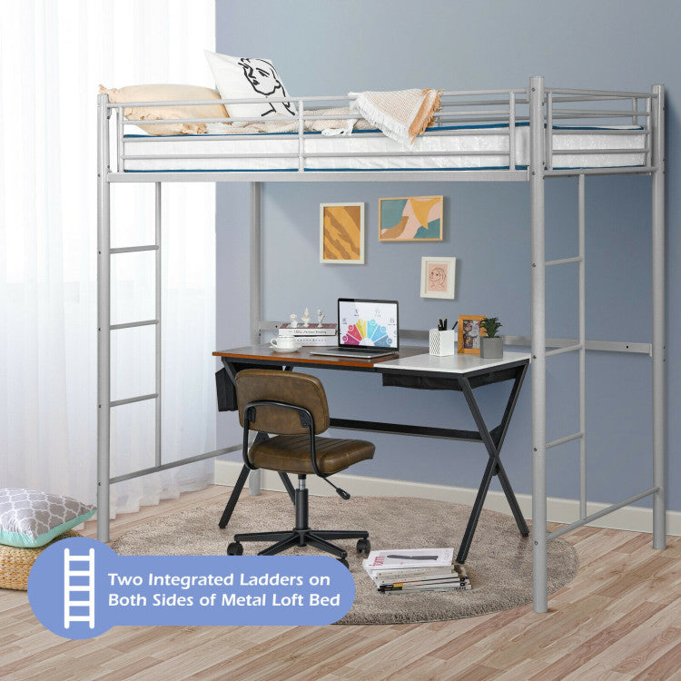 Twin Loft Bed Frame with 2 Ladders Full-Length Guardrail